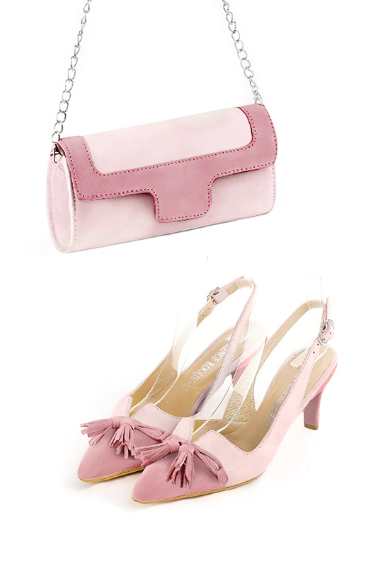 Carnation pink matching shoes and clutch. Model Carla Monaco Sultan